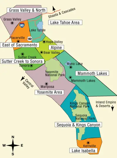 Map of California's Sierras and Gold Country tourist area