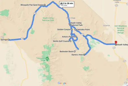 Google Map screenshot show attractions in Death Valley National Park