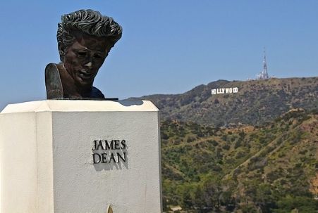 James Dean Statue at Griffith Observatory with Hollywood Sign in the background