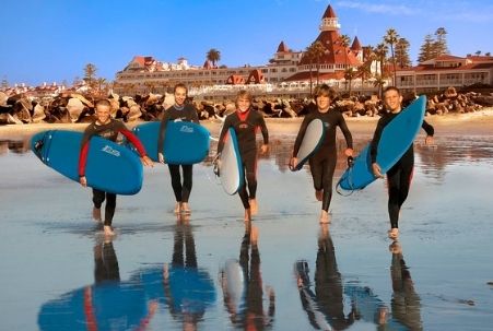 Young Surfers in front of Hotel del Coronado, Coronado Island, CA