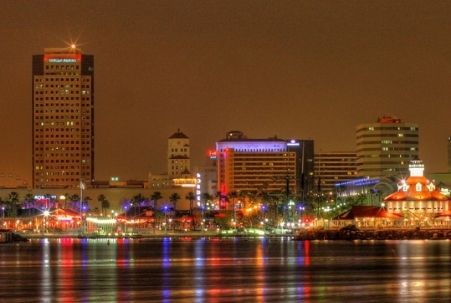 Long Beach downtown skyline at night as seen from the ocean