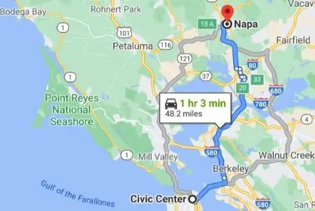 San Francisco to Napa route alternatives shown on a Google map