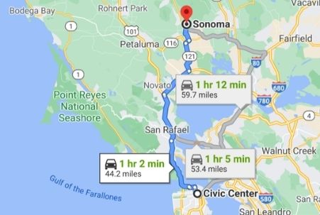 San Francisco to Sonoma route alternatives shown on a Google map