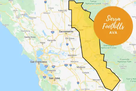 Google Maps image showing the area comprising the Sierra Foothills AVA wine region