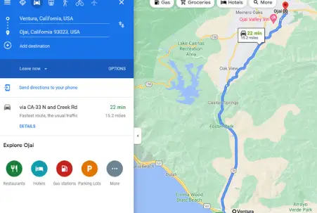 Google Maps image showing how to determine "where is Ojai on a map?"