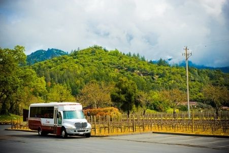 Wine tour bus at Clos Pegase Winery, Calistoga, CA